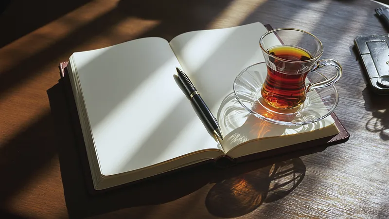 Sabah ışığında açık boş bir defter, dolma kalem ve ince belli bardakta çay.