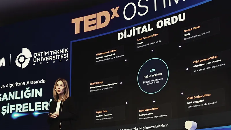 Defne İncekara TEDxOSTİMTech sahnesinde; arkasındaki ekranda ortada CEO olarak kendisi, çevresinde görev adlarıyla yapay zekâ ajanları: Dijital Ordu.